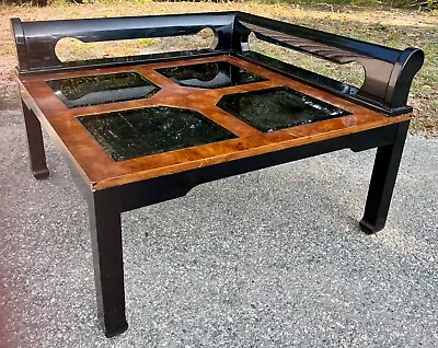 Ming Style Coffee Table 4 Beveled Glass Inserts Chinoiserie C1970 Burled Lacquer • $550