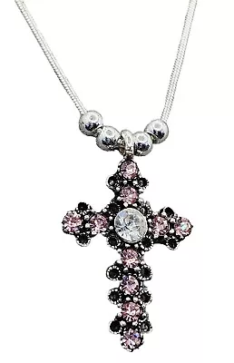 Silver Pink Glass Rhinestone Cross Necklace Beads 15  VTG Pendant Estate Jewelry • $13.67