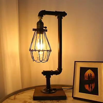 Industrial Water Pipe Desk Light Steampunk Table Lamp Vintage With Cage Shade • $29.97