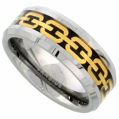 Tungsten Ring Men Women Wedding Band Gold Chain Link Inlay Beveled Edge 8mm • $25.58