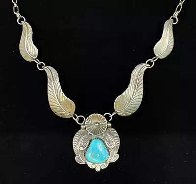 Vintage Old Pawn Navajo Turquoise Sterling Silver Necklace Signed JM 19 Inch • $74.95