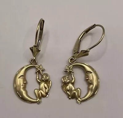 14k Michael Anthony Cherub Moon And Star Earrings Yellow Gold 1.78 Grams • $127.50