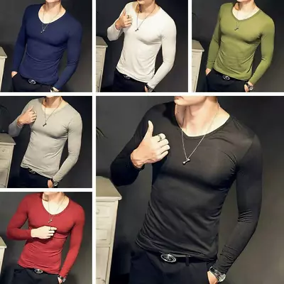 Mens Long Sleeve V Neck T-shirt Stretch Undershirt Pullover Top Tee Shirt Black • $24.47
