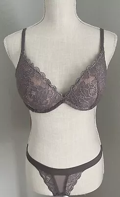 Victoria's Secret 34 D Bra Small Thong Lilac Taupe Lace Embroidered Floral NEW • $29.99