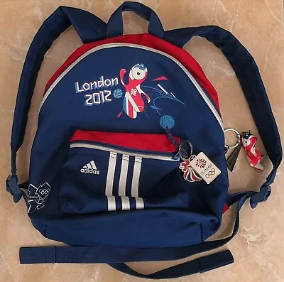 Used Adidas 3 Stripes London 2012 Small Backpack Blue Rucksack Bag 2x Key Chains • £8.99
