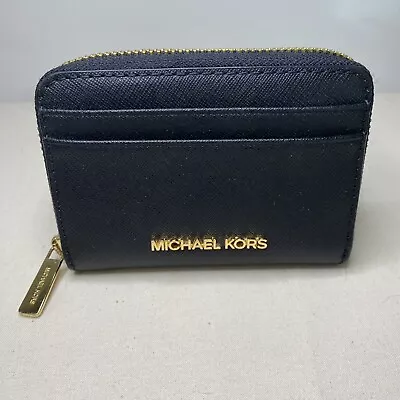 Michael Kors Jet Set Travel Md Zip Around Card Case Wallet Black/gold • $38.99