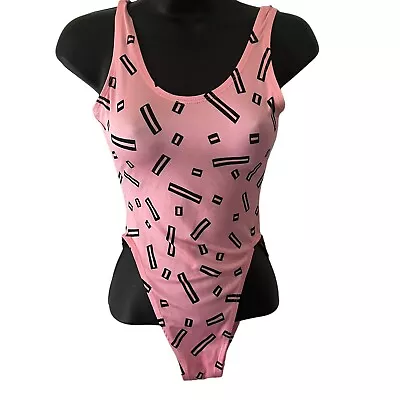 Vintage 80s Leotard S/M Pink SHINY Thong High Cut Leg Aerobic Workout Body Suit • $59.39