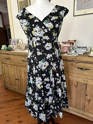 Retrospect’d  Sz 12 Black White Floral Swing Dress Rockabilly Vintage Style 50s • $40