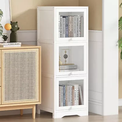 Bamboo Tall Bookcase 3-Tier Shelving Storage Cabinet 3 Doors Display Organizer • £45.95