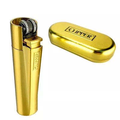 1 X Full Size Refillable Metal Clipper Lighter Gold With Lighter Box Tin • $12.95