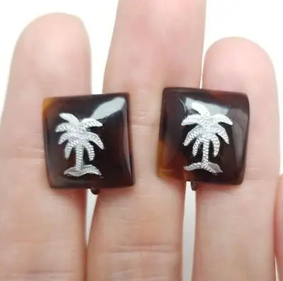 Vintage Palm Tree Design Square Screw Back Clip On Earrings Retro Tropical • $21.25