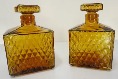 Vintage Set Of 2 Amber Square Decanters With Glass Stoppers • $49.99