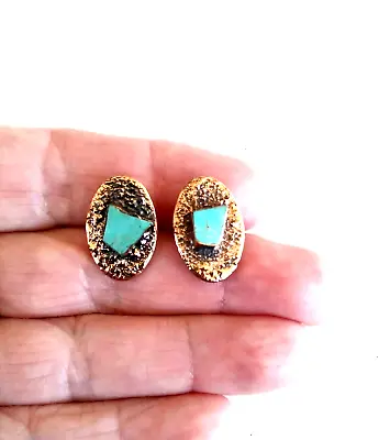 Vintage BELL Solid Copper Turquoise Chunk Pierced Stud Earrings 1/20 14K GF Post • $29.99