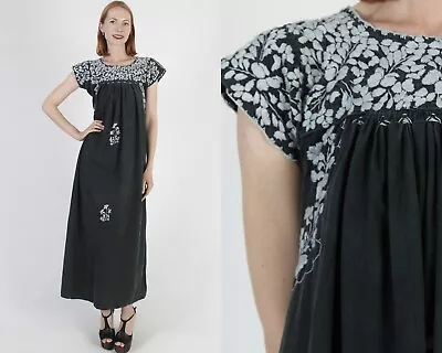 Vtg Blk Cotton Hand Wht Embroidered Oaxacan Dress Mexican Ethnic San Antonio • $166.25