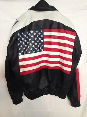 I.O.U. USA American Flag Leather Bomber Jacket Red White Blue Black X-Large • $165