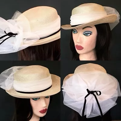 Vintage Betmar Women’s Dressy Church Creme Straw Hat White Mesh Black Velvet Bow • $22.50