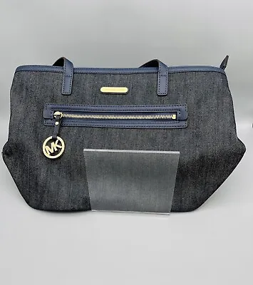 MICHAEL KORS Kempton Dark Denim Bag Tote Blue Leather Trim Golden Hardware • $32.99