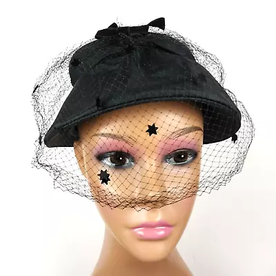 Vintage Union Made Womens Black Cloche Hat With Face Netting And Bow Accent RARE • $14.95