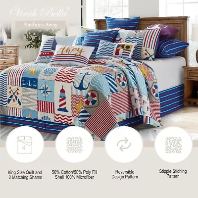 3 Pc Anchors Away King Size Quilt Set Ocean Lake Lighthouse Sea Inspired • £74