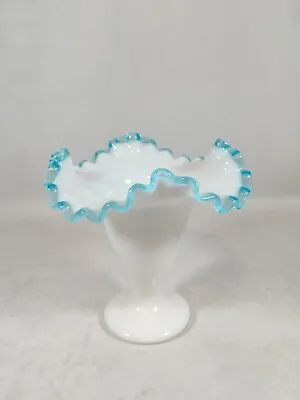 Fenton Milk Glass Aqua Blue Crest Fan Vase 6  Tall • $34.95