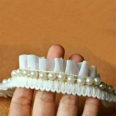 2 Colors 1 Yd Pearl Beaded Lace Edge Trim Wedding Dress Ribbon Sewing DIY Craft • £4.87