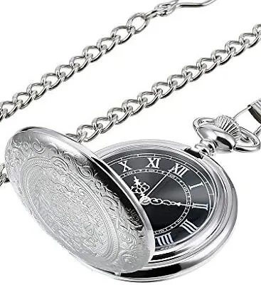 Quartz Pocket Watch For Men With Black Dial And Chain • £17.44