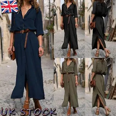 £16.19 • Buy Womens V Neck Button Down Maxi Shirt Dress Ladies Long Sleeve Casual OL Dress