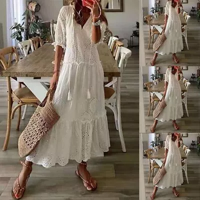 $30.11 • Buy Womens Summer Boho Lace V Neck Long Maxi Dress Ladies Casual Holiday Sundress
