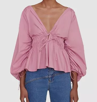 $275 Staud Women Pink Shelby Balloon-Sleeve Peplum Top Size M • $88.38