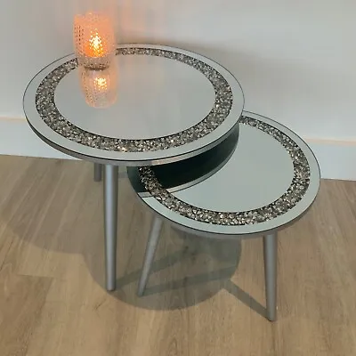 Round Crystal Mirrored Side Table Silver Sparkly Mirror Side Contemporary Retro • £42.99