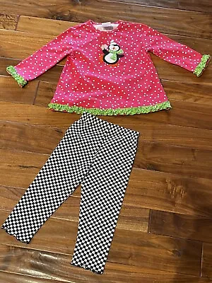 Molly & Millie Long Sleeve Pink Holiday Penguin 2 Piece Set Checker Pants 2T • $12
