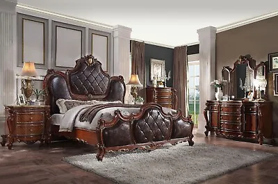 NEW Traditional 5 Piece Queen King Bedroom Set In Brown Oak & Faux Leather IAAE • $6245.75