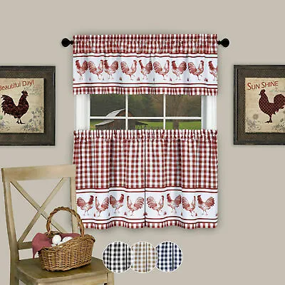 3PC Kitchen Curtain Set Check Gingham Plaid Rooster Tier Panels And Valance • $15.99