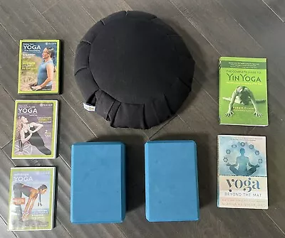 Yoga Lot Of 8 Meditation Cushion Pillow 2 Yoga Books 3 Yoga DVDs 2 Yoga Blocks￼ • $25
