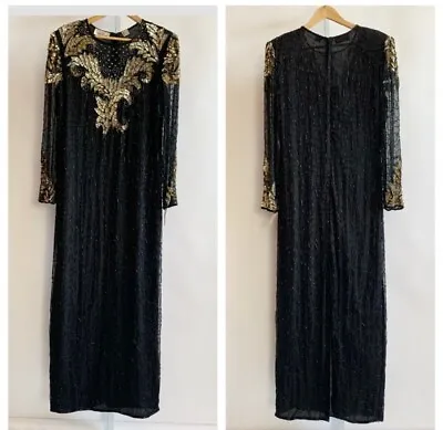 🆕Laurence Kazar Womens Shift Dress Black Floral Sheer Embellished Vintage L New • $50