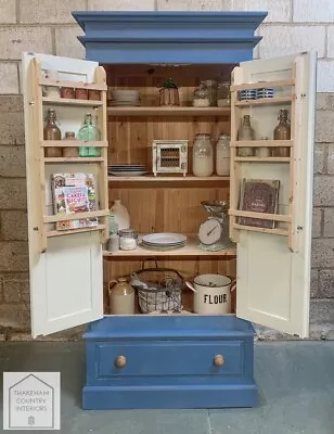 Blue Solid Pine Rustic Country Upcycled Kitchen Double Pantry LARDER CUPBOARD • £545