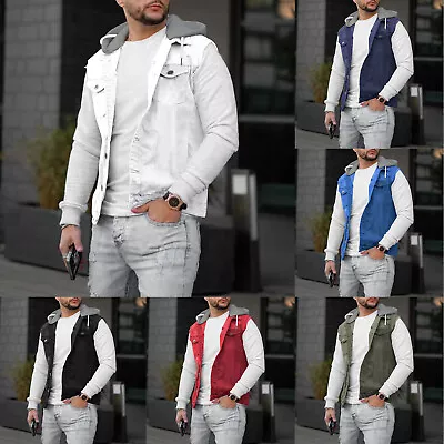 Men's Hooded Denim Vest Classic Stretchy Trucker Sleeveless Button Jean Jacket • $32.29