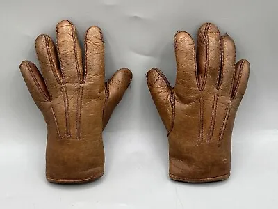 Antique Childrens Oddity Brown Small Leather Gloves Maker Marked Real Nappa • £30