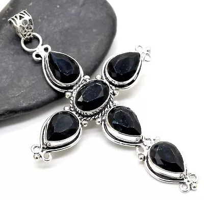 925 Sterling Silver Black Spinel Gemstone Handmade Jewelry Cross Pendant Size-3 • $14.53