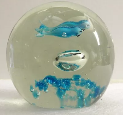 Vintage Murano Clear Round Bubble Paperweight W/  2 Blue Dolphins & Blue Coral  • $9.99