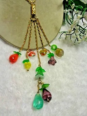 Vintage Italian Venetian & Murano Glass Fruit & Leaves Lariat Gold Tone Necklace • $84