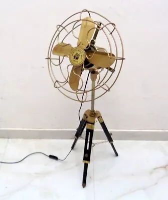 Brass Floor Fan With Wooden Tripod Stand Modern Studio Fan Home Decor • $210