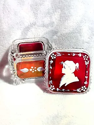 1982 Vintage Westmoreland Ruby Red Mary Gregory Cameo Glass Trinket Box Signed • $23