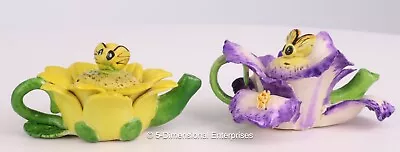 VTG Pair Of Mini 2  Ceramic Teapots Sunflower & Iris With Bee Lids Floral • $24.99