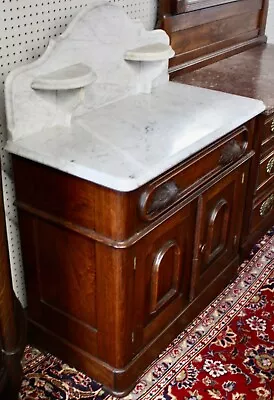 Antique Carved Walnut Wash Stand Or Dresser W/Marble Top + Back Drawer Cabinet • $425