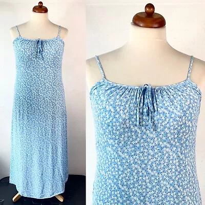 Vintage 90s Easentials Blue Floral Ditsy Print Long Summer Slip Dress Fit UK 16 • £25