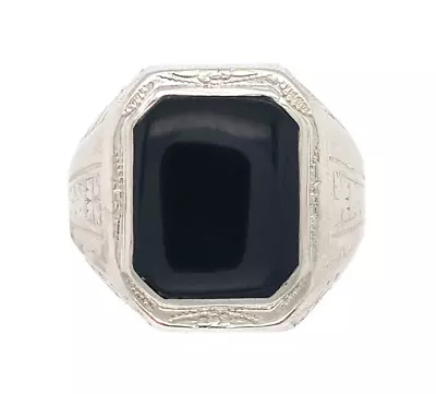 Art Deco 10k Gold Hand Engraved Men's Genuine Natural Black Onyx Ring (#J6540) • $635