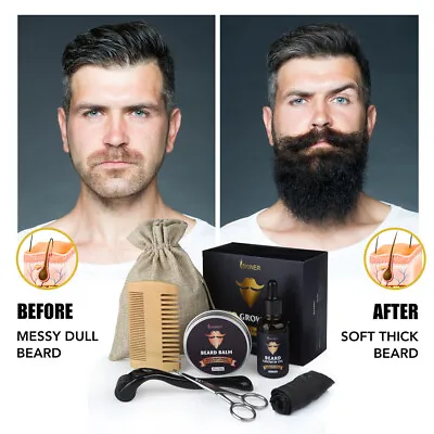 £10.95 • Buy 6Pcs Men Beard Growth Grooming Kit Derma Roller Mustache Oil Care Balm Scissor