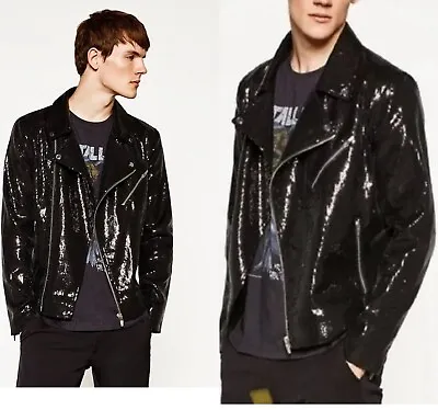 Zara Man Jacket Mens  Large Vintage Black Sequin Moto Military Style Zip Pockets • $150