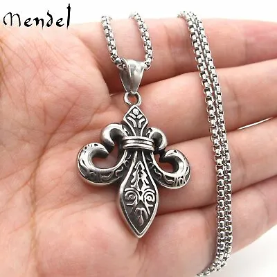 MENDEL Mens Fashion Stainless Steel Fleur De Lis Pendant Necklace Jewelry Chain • $11.99